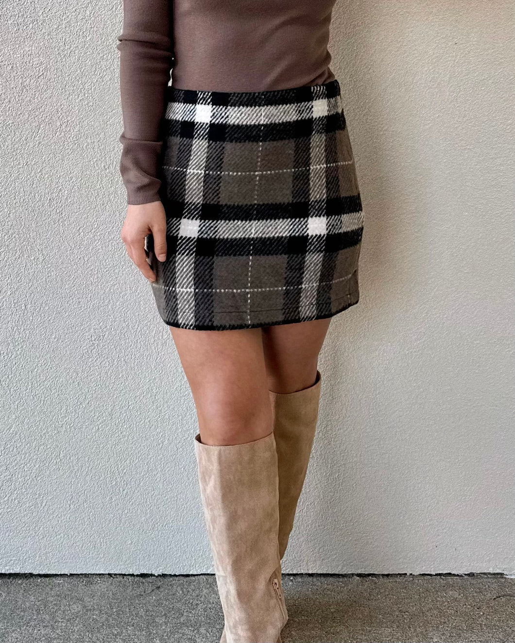 Valley Plaid Mini Skirt - Taupe