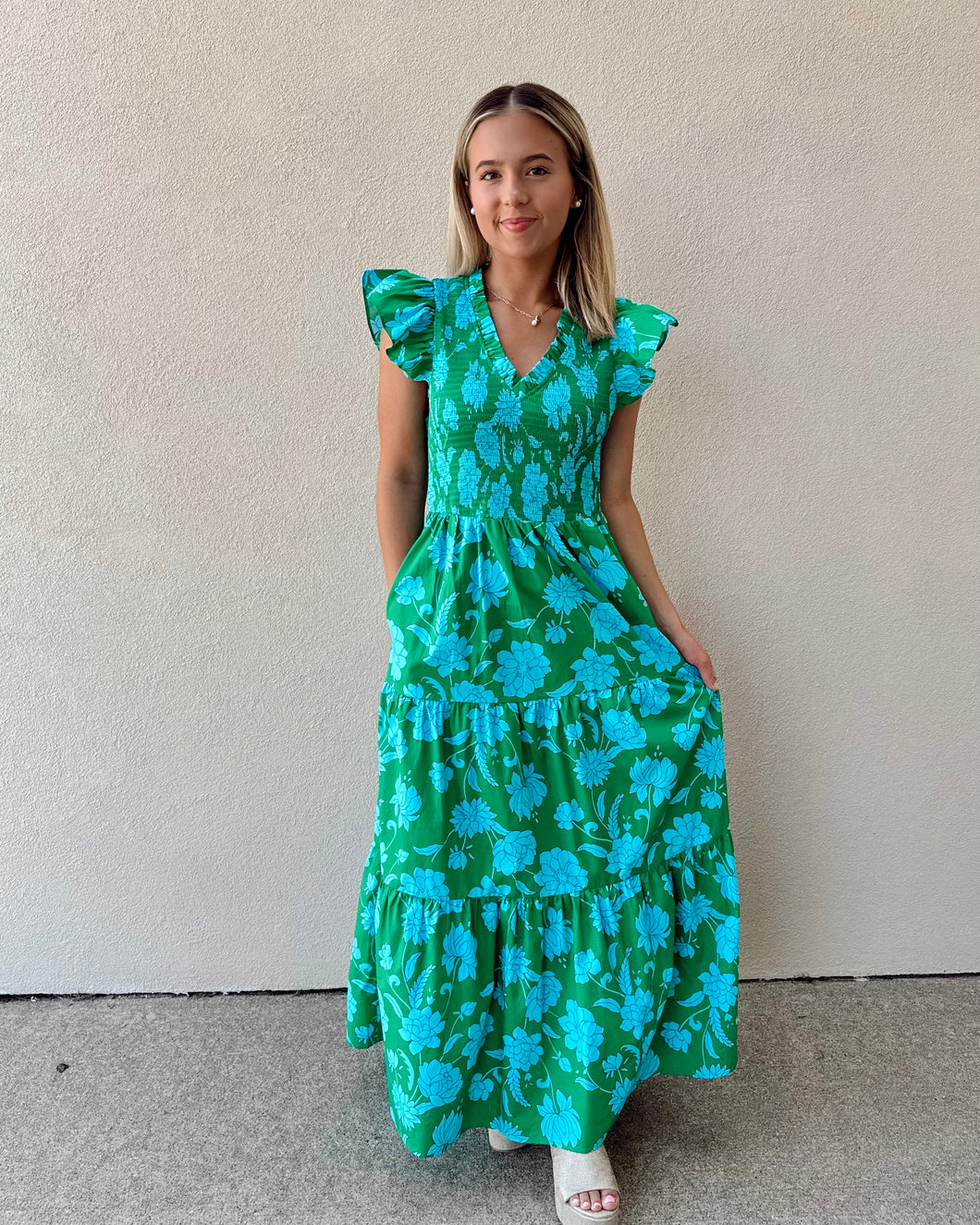Tropical Waters Smocked Midi Dress