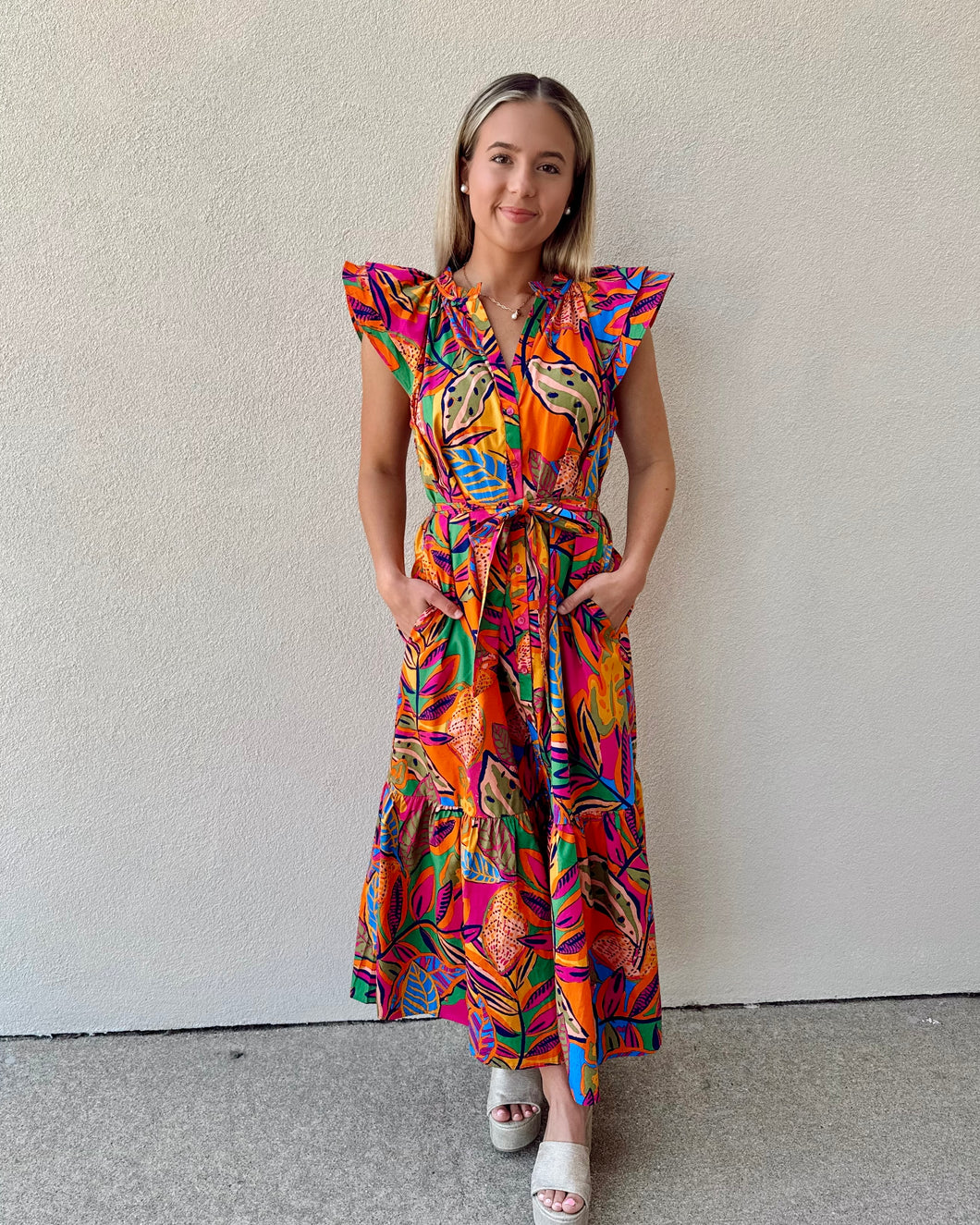Escaping It All Tropical Print Midi Dress