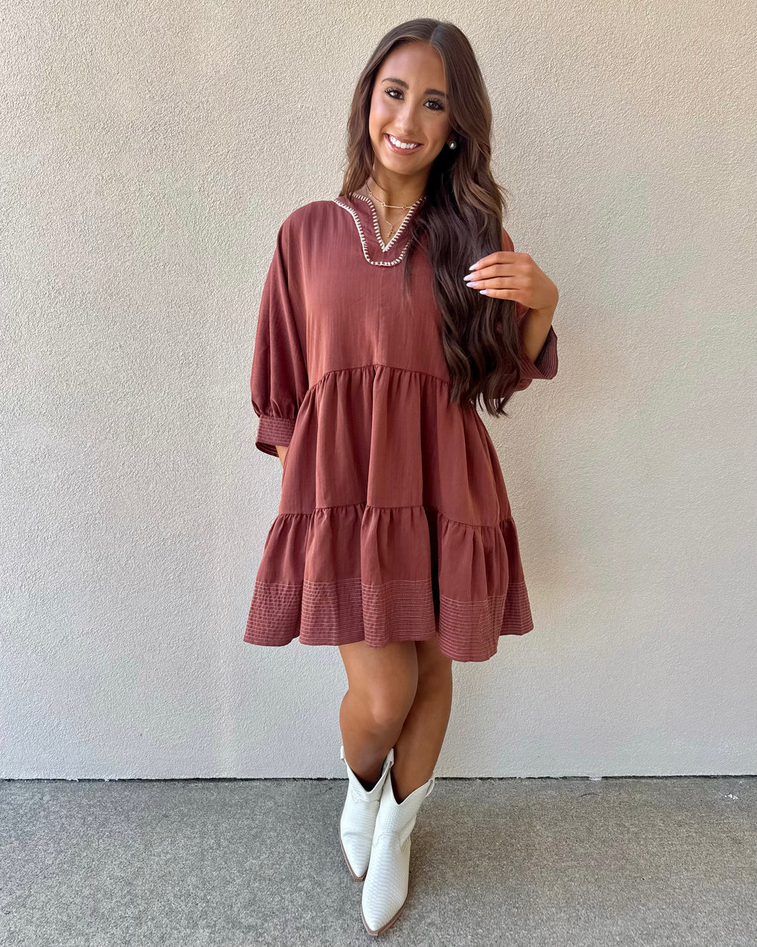 Gather Together Mini Dress - Rust